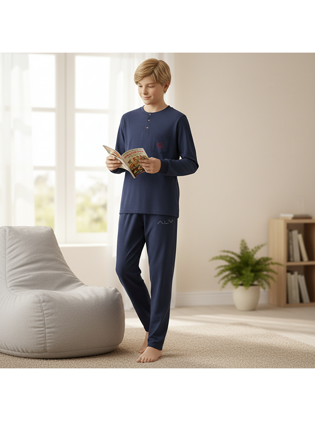 Genç Erkek Pamuklu Lacivert Renk Pijama Takımı Al007 V1 Bb2436-6