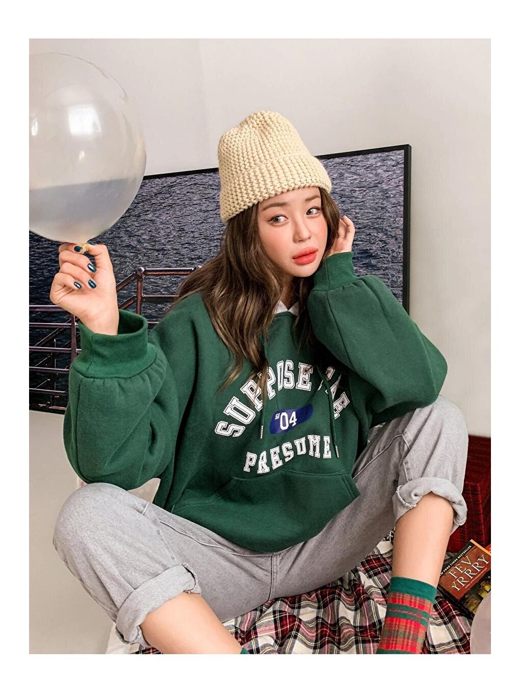 Kadın Yeşil Suppose Baskılı Oversize Sweatshirt-4