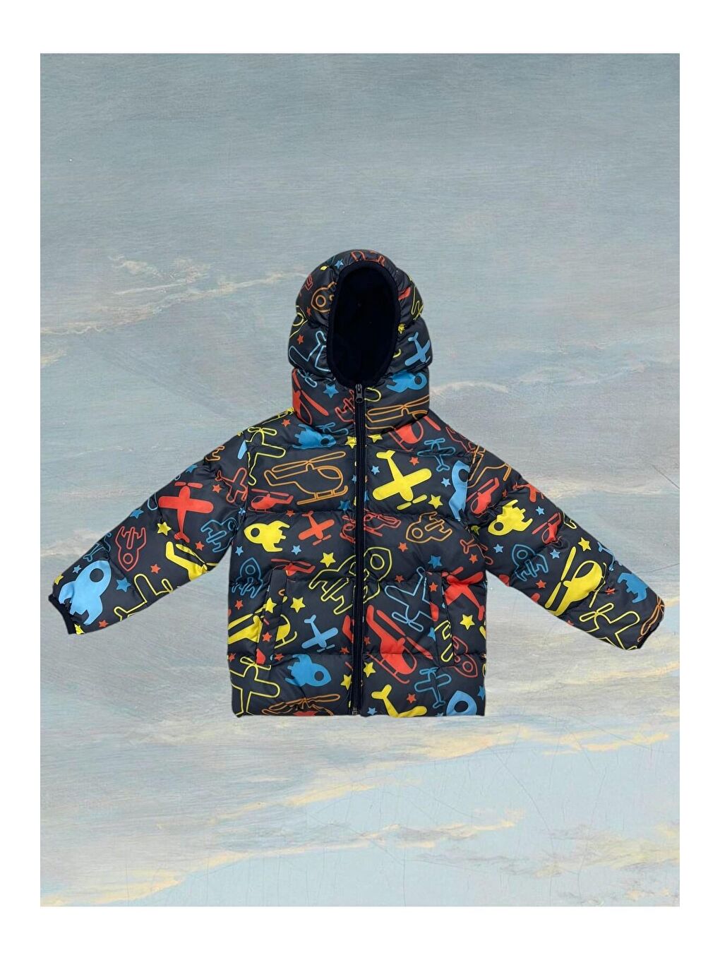 Siyah Kız Çocuk Polarlı Kapüşonlu Helikopter Desenli Kışlık Şişme Mont & Kaban & Parka