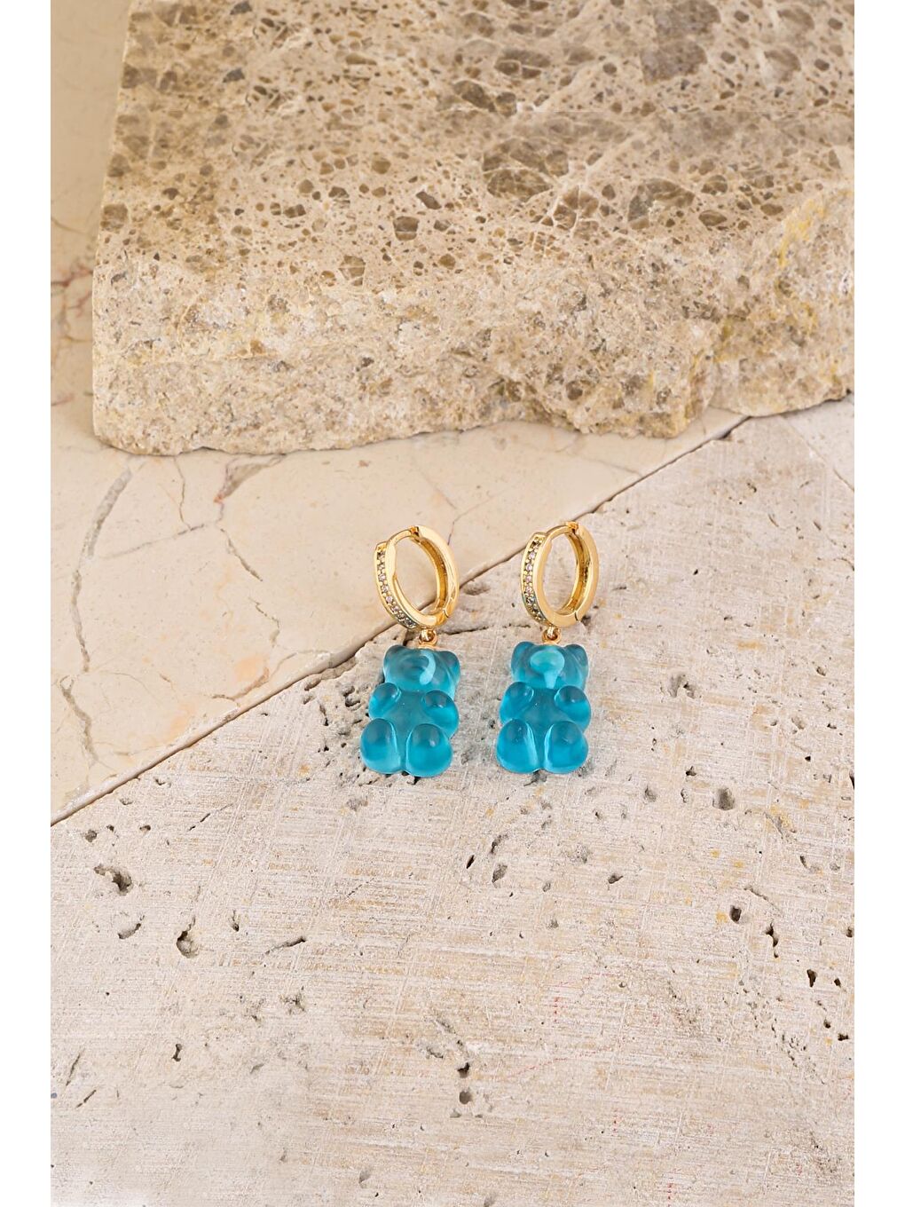 Mavi Jelibon Küpe Taşlı Sarı Halkalı-1