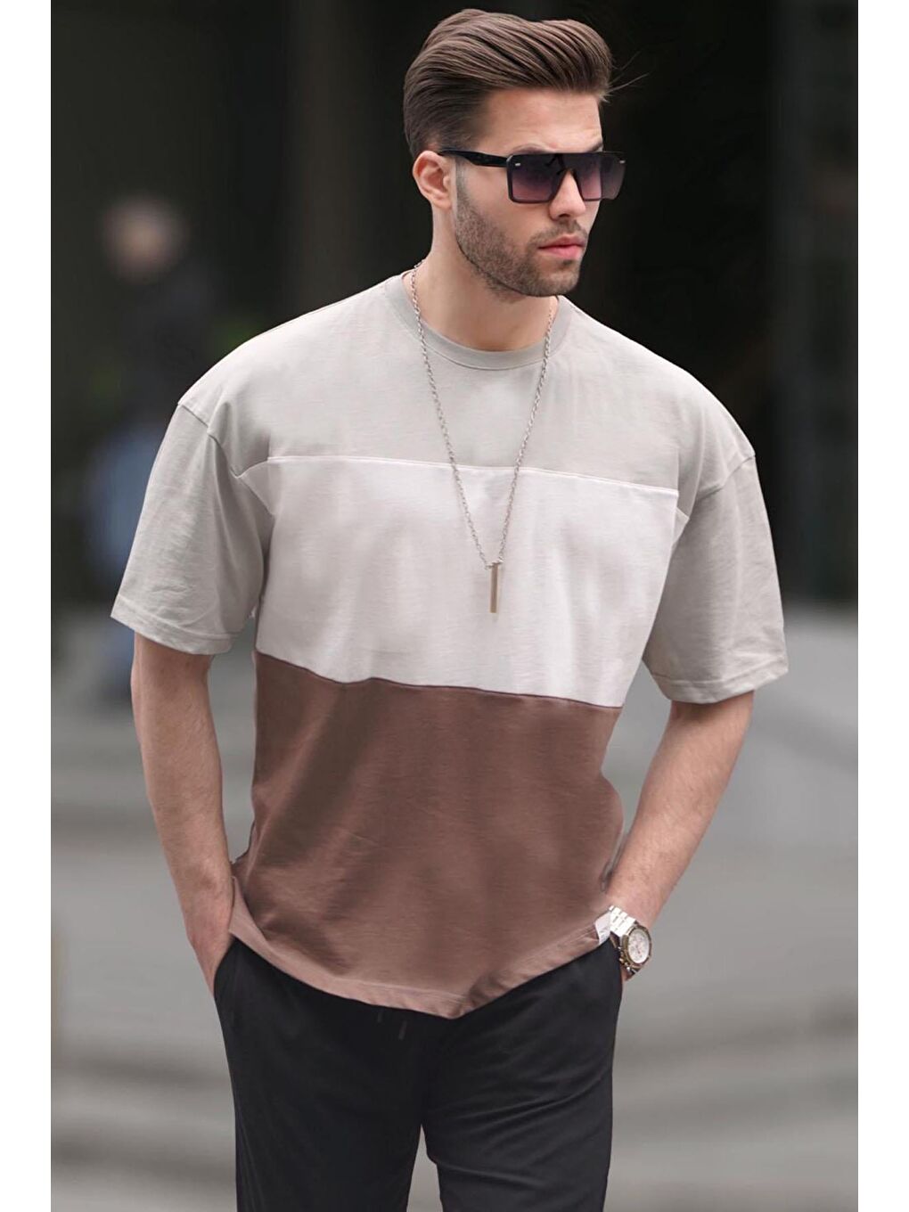 Boyalı Gri Renk Bloklu Erkek Tişört 6125