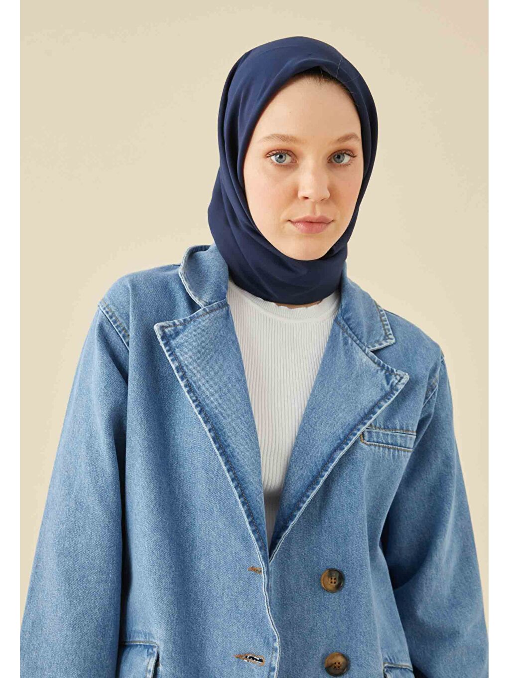Mavi Pamuk İpek Eşarp Lacivert-3
