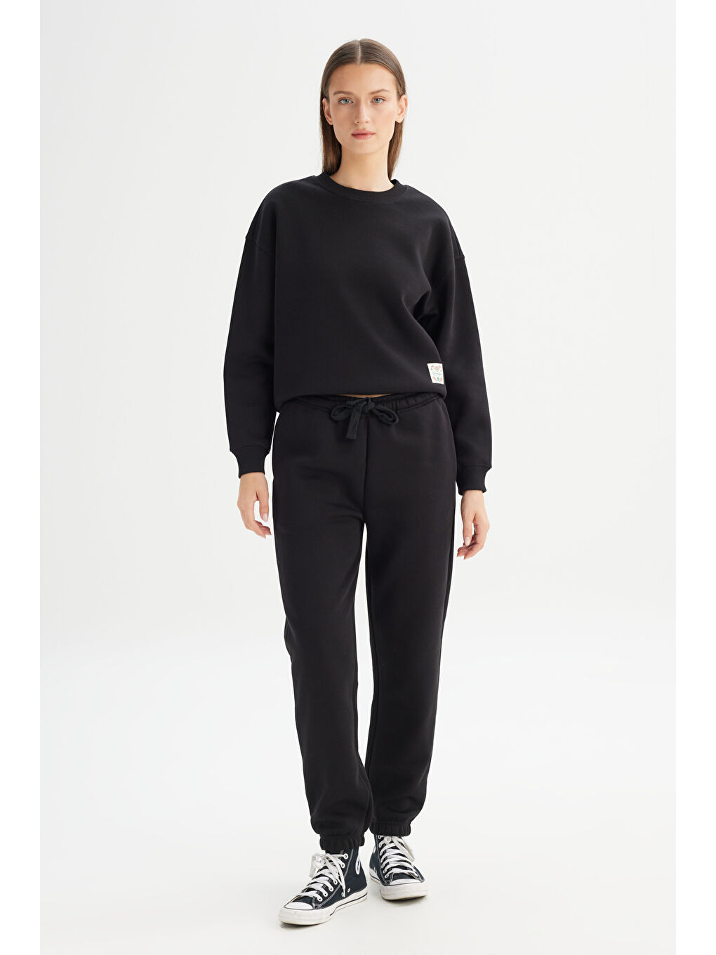 Relaxed Fit Geniş Kesim Bisiklet Yaka İçi Polarlı Siyah Sweatshirt-1