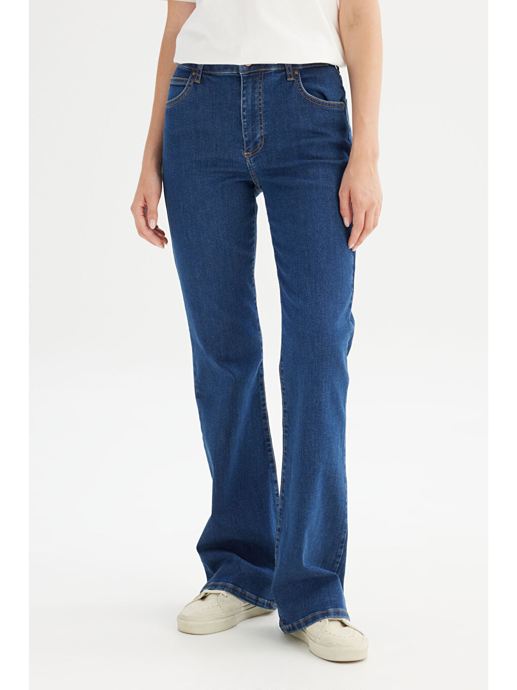 Flare Fit Geniş Paça Yüksek Bel Mavi Pamuklu Esnek Denim Jean Pantolon-1