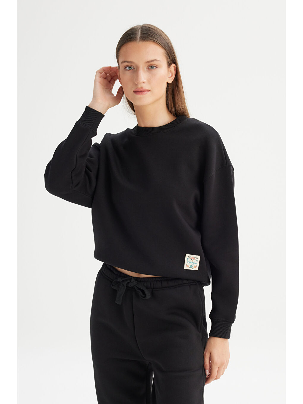 Relaxed Fit Geniş Kesim Bisiklet Yaka İçi Polarlı Siyah Sweatshirt-2