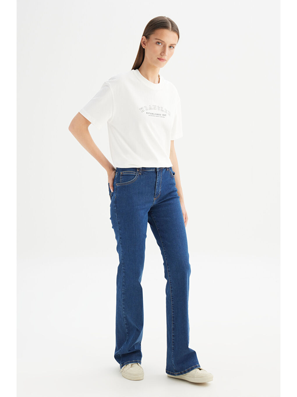 Flare Fit Geniş Paça Yüksek Bel Mavi Pamuklu Esnek Denim Jean Pantolon-2