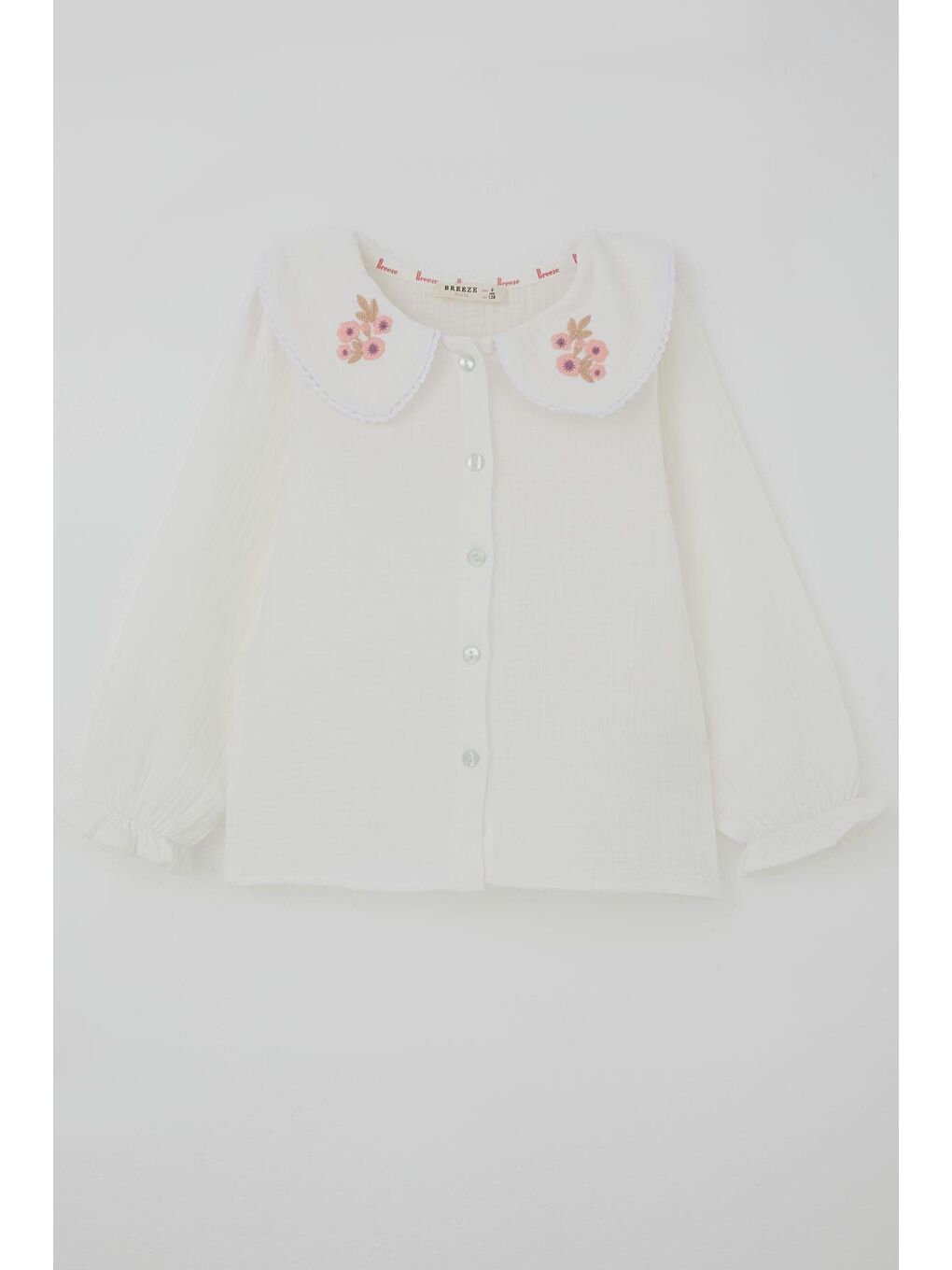 Kız Çocuk Gömlek Yaka Kısmı Çiçek Nakışlı Düğmeli Ekru (4-9 Yaş)-2