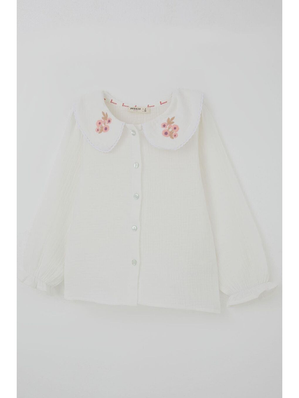 Kız Çocuk Gömlek Yaka Kısmı Çiçek Nakışlı Düğmeli Ekru (4-9 Yaş)-4
