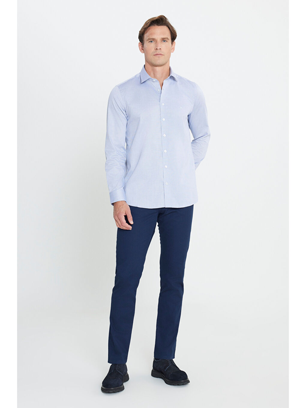 Erkek Açık Mavi %100 Pamuk Dar Kesim Armürlü Gömlek-1