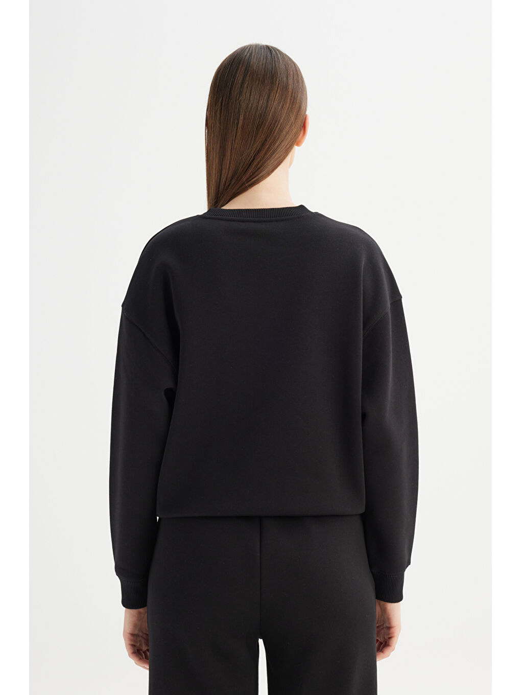 Relaxed Fit Geniş Kesim Bisiklet Yaka İçi Polarlı Siyah Sweatshirt-5