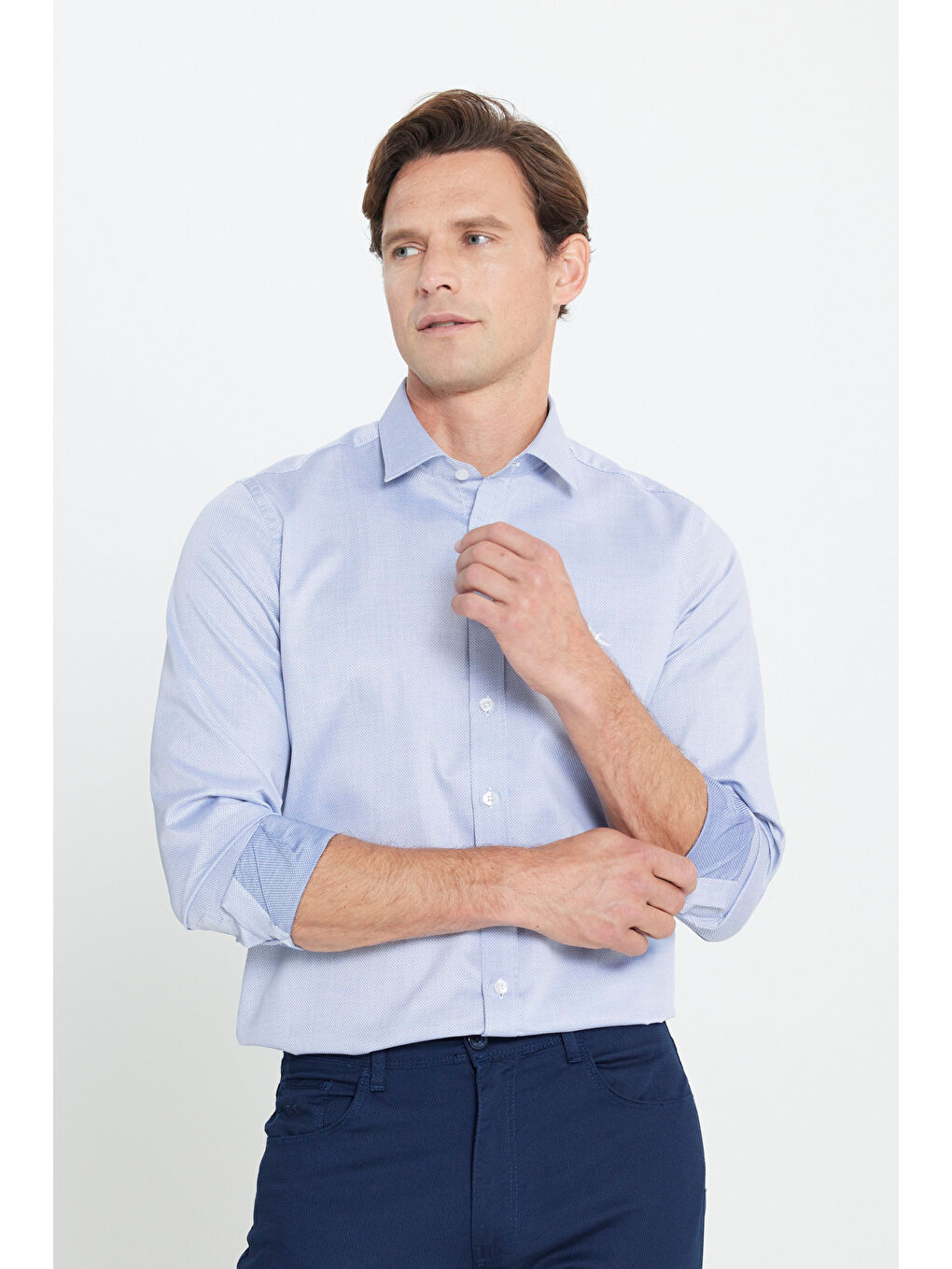 Erkek Açık Mavi %100 Pamuk Dar Kesim Armürlü Gömlek-2