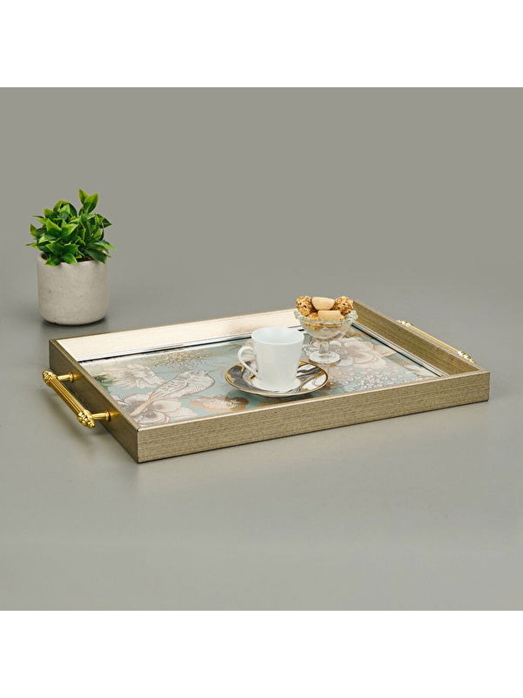 Kitchen Kuş ve Çiçek Desenli Tepsi - Yeşil / Altın Sarısı - 49 cm