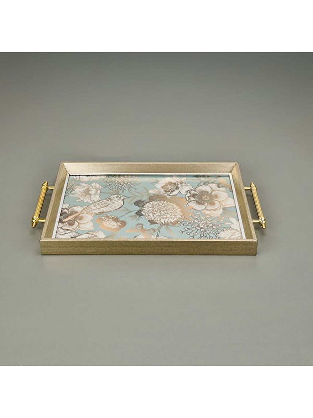 Kitchen Kuş ve Çiçek Desenli Tepsi - Yeşil / Altın Sarısı - 49 cm-1