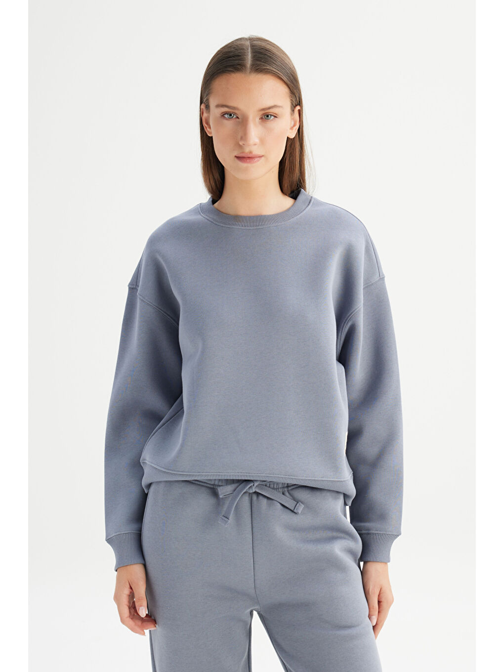 Yeşil Relaxed Fit Geniş Kesim Bisiklet Yaka İçi Polarlı Mavi Sweatshirt