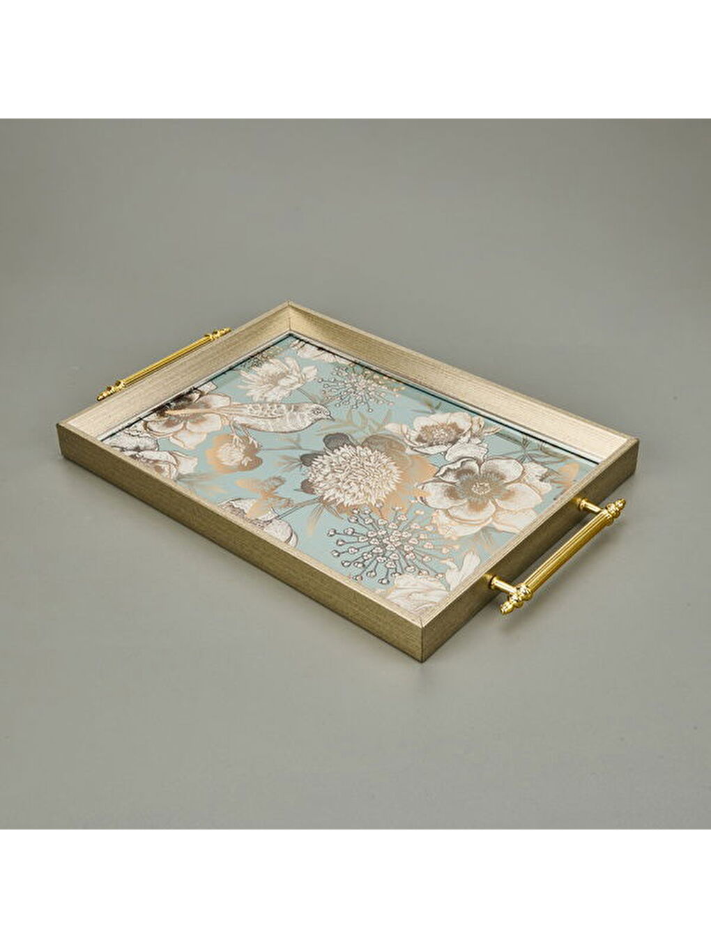 Kitchen Kuş ve Çiçek Desenli Tepsi - Yeşil / Altın Sarısı - 49 cm-2