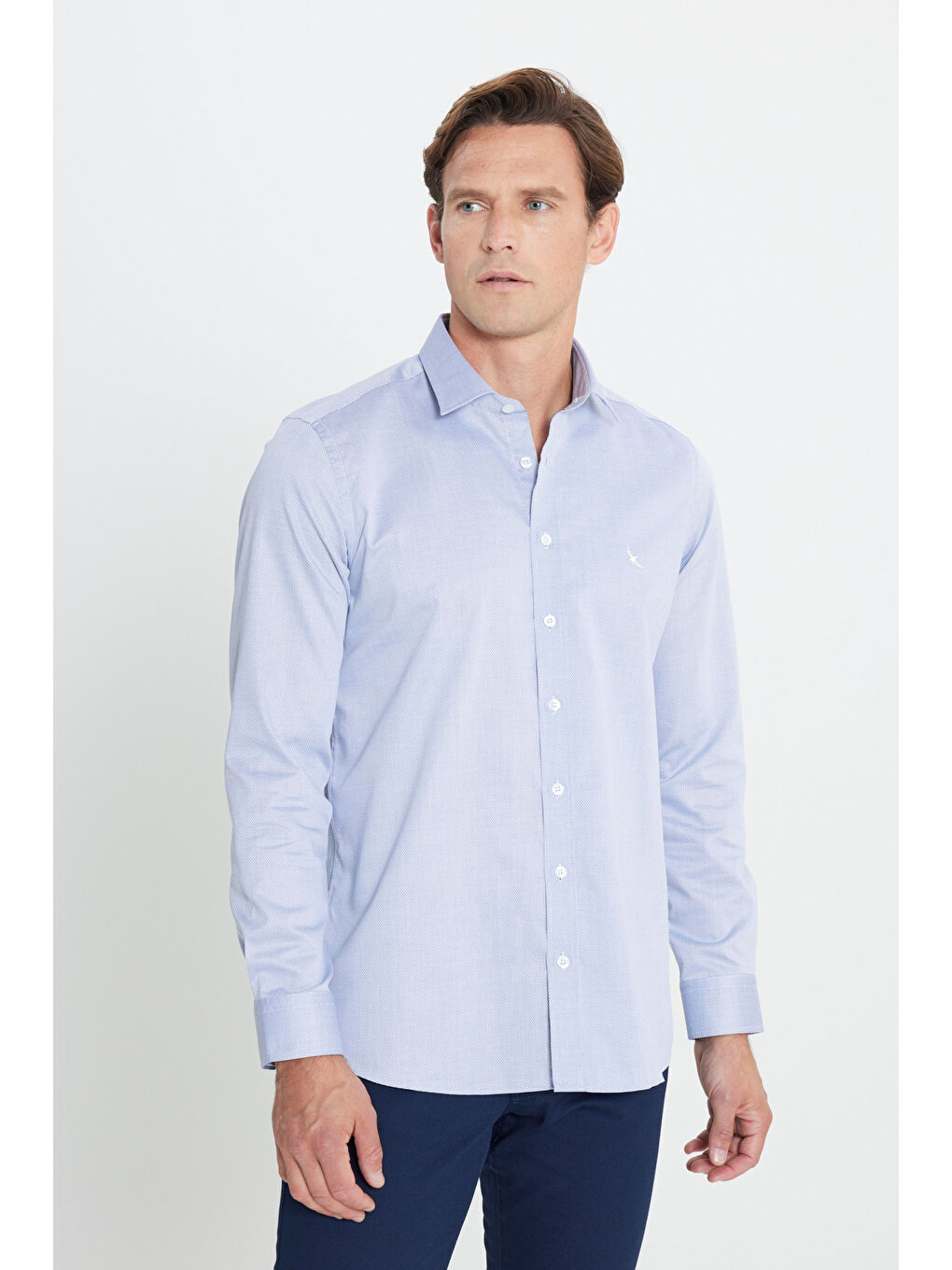 Erkek Açık Mavi %100 Pamuk Dar Kesim Armürlü Gömlek-3