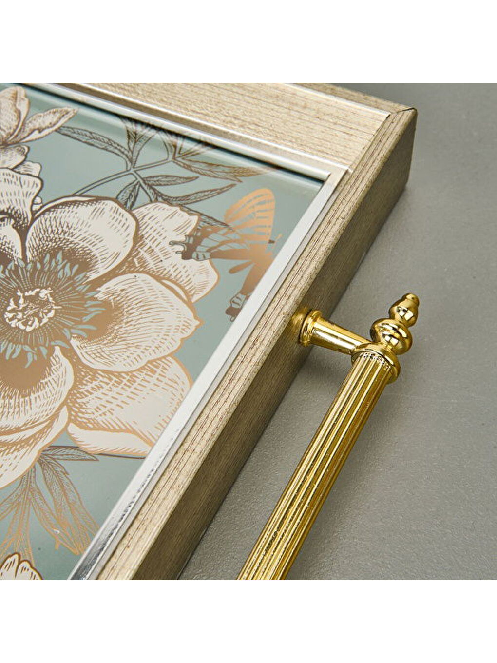 Kitchen Kuş ve Çiçek Desenli Tepsi - Yeşil / Altın Sarısı - 49 cm-3