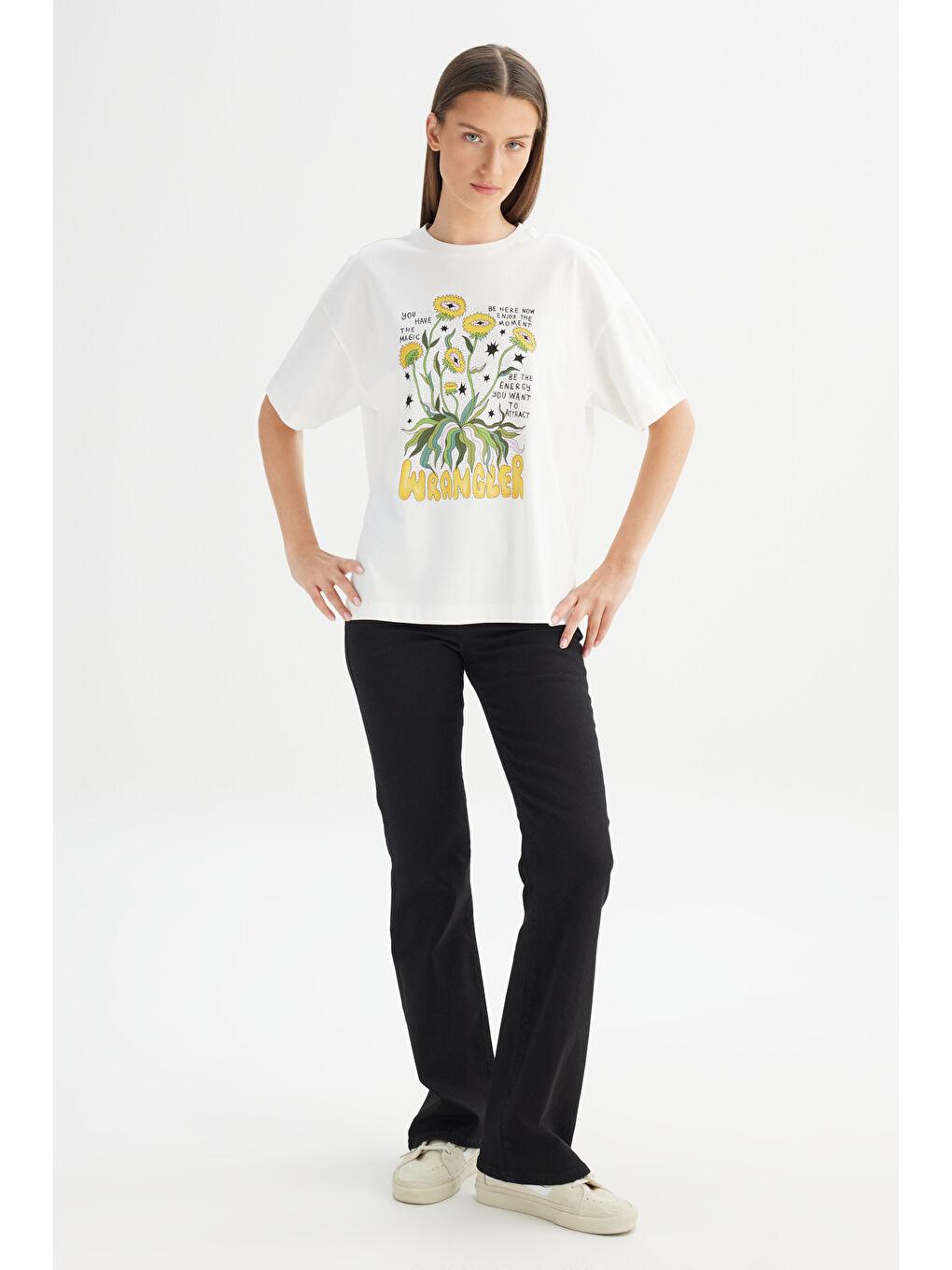 %100 Pamuk Loose Fit Rahat Kesim Bisiklet Yaka Baskılı Kırık Beyaz Tişört-1