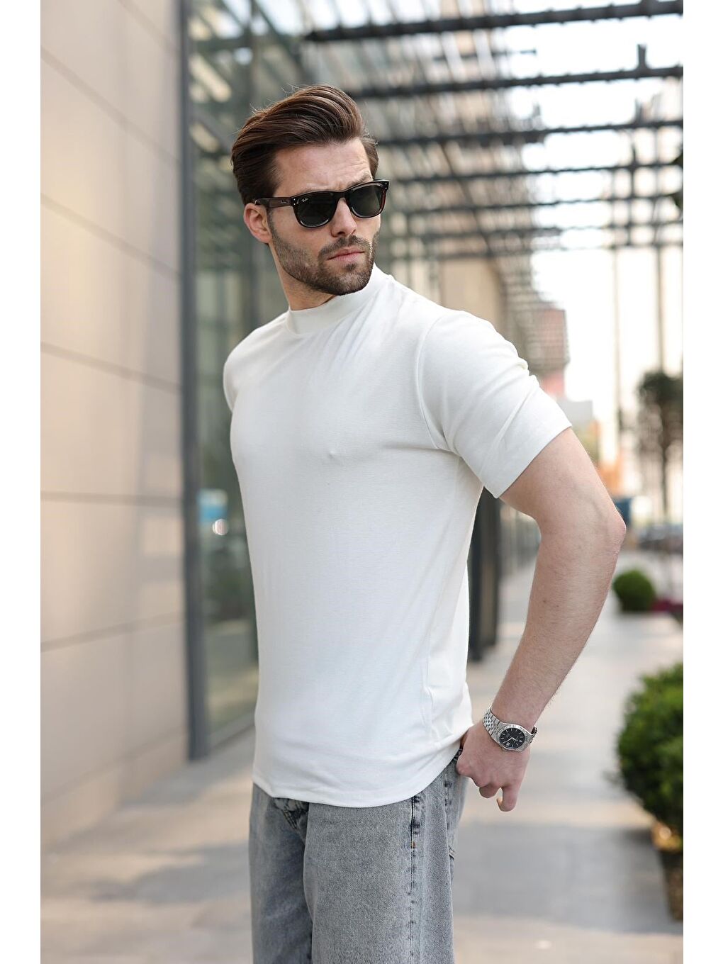 Ekru Bisiklet Yaka Basic Erkek T-Shirt E7113-4