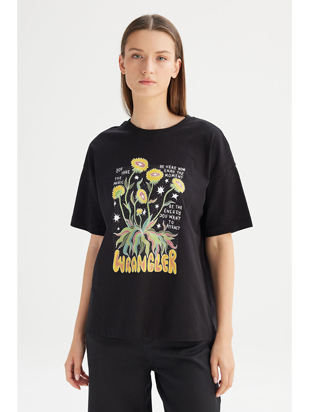 Siyah %100 Pamuk Loose Fit Rahat Kesim Bisiklet Yaka Tişört