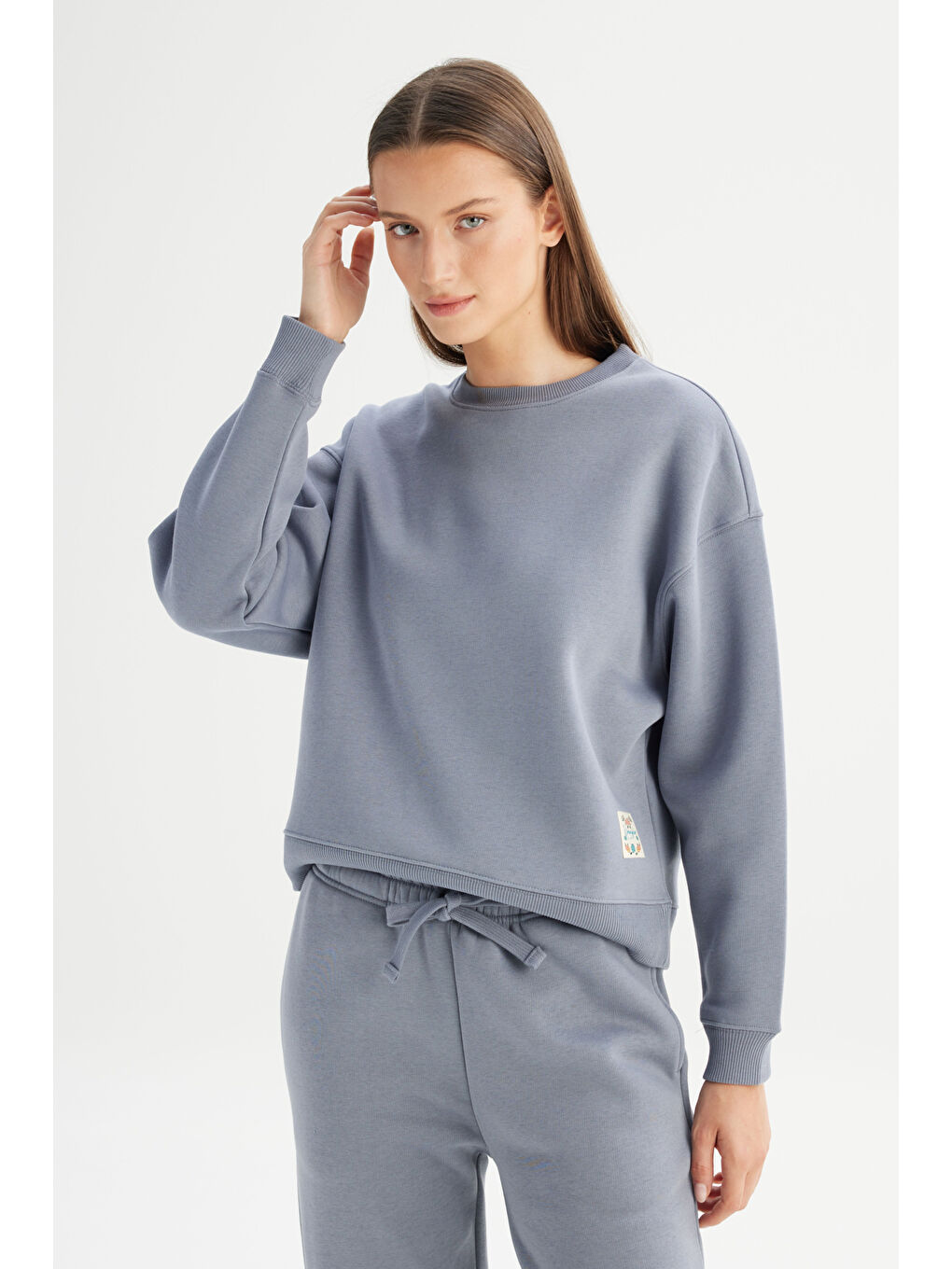 Yeşil Relaxed Fit Geniş Kesim Bisiklet Yaka İçi Polarlı Mavi Sweatshirt-2