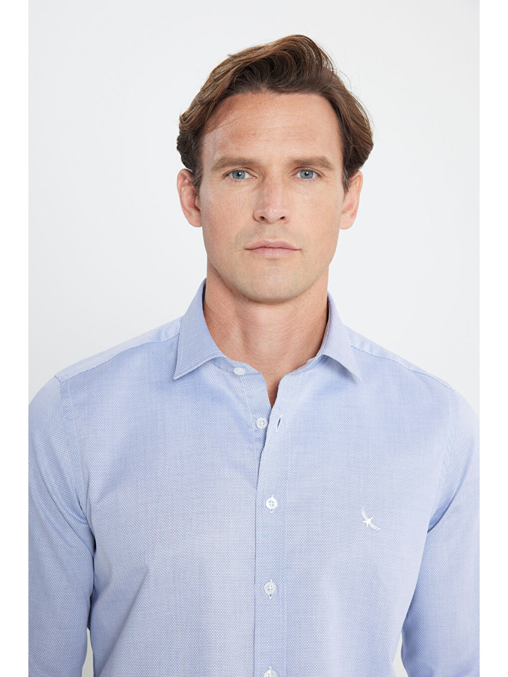 Erkek Açık Mavi %100 Pamuk Dar Kesim Armürlü Gömlek-4