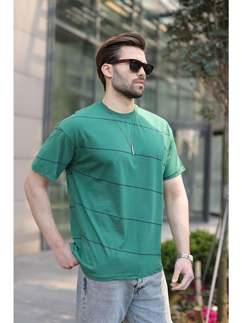 Koyu Yeşil Bisiklet Yaka Basic Çizgili Erkek T-Shirt E7102