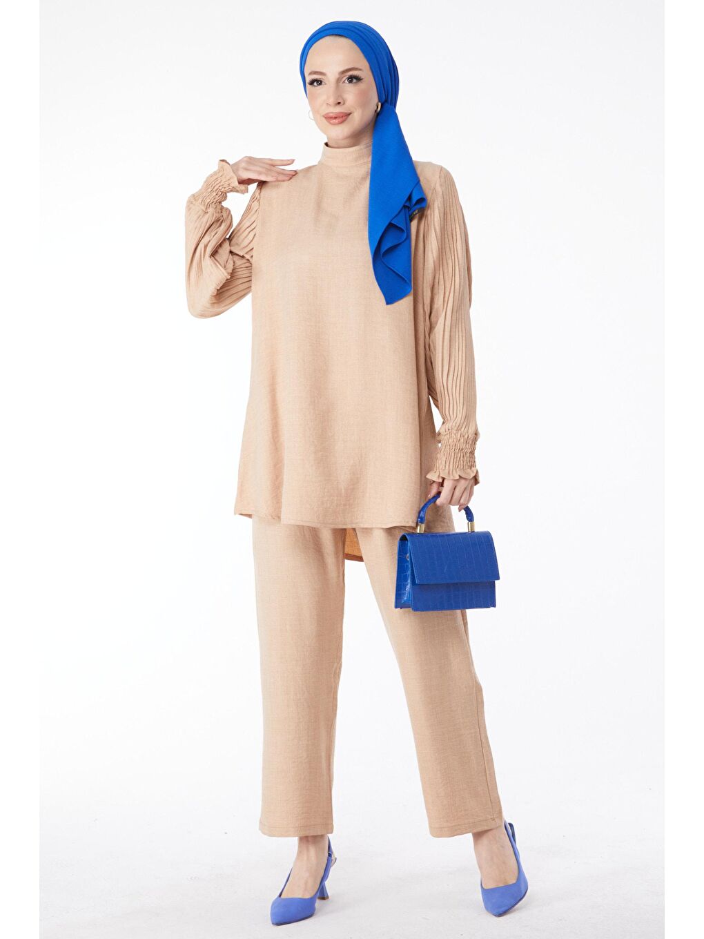 Hakim Yaka Kadın Bej Plise Kollu İkili Takım - 24574