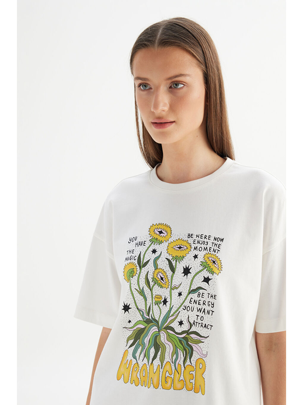 %100 Pamuk Loose Fit Rahat Kesim Bisiklet Yaka Baskılı Kırık Beyaz Tişört-3