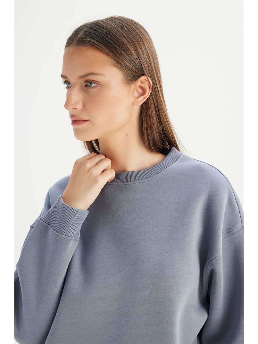 Yeşil Relaxed Fit Geniş Kesim Bisiklet Yaka İçi Polarlı Mavi Sweatshirt-3