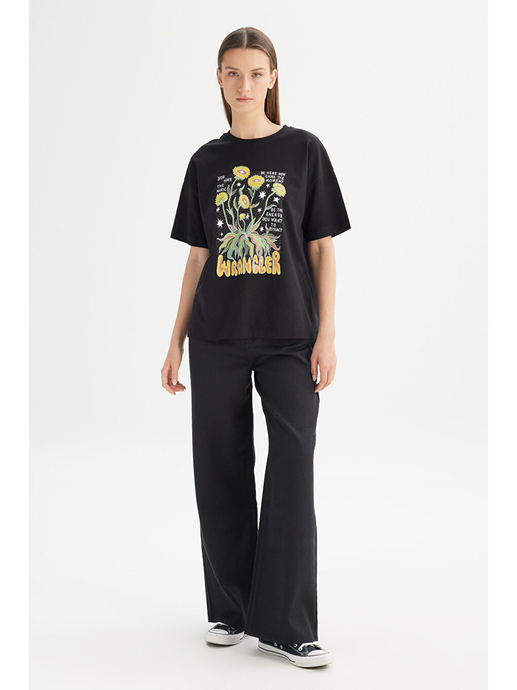 Siyah %100 Pamuk Loose Fit Rahat Kesim Bisiklet Yaka Tişört-1