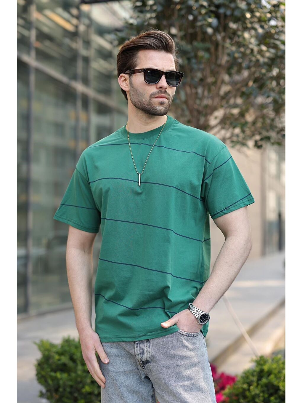 Koyu Yeşil Bisiklet Yaka Basic Çizgili Erkek T-Shirt E7102-1