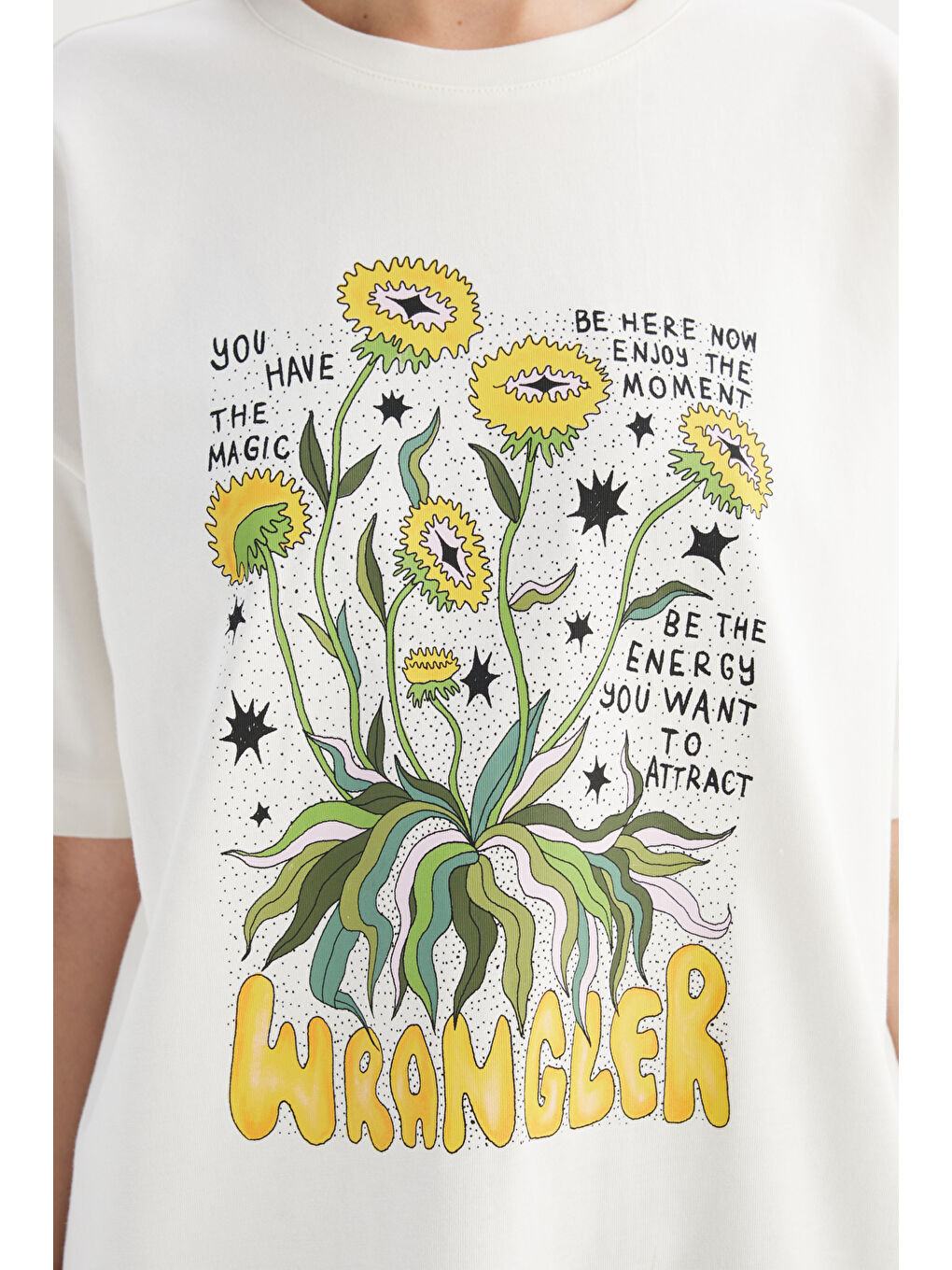 %100 Pamuk Loose Fit Rahat Kesim Bisiklet Yaka Baskılı Kırık Beyaz Tişört-4