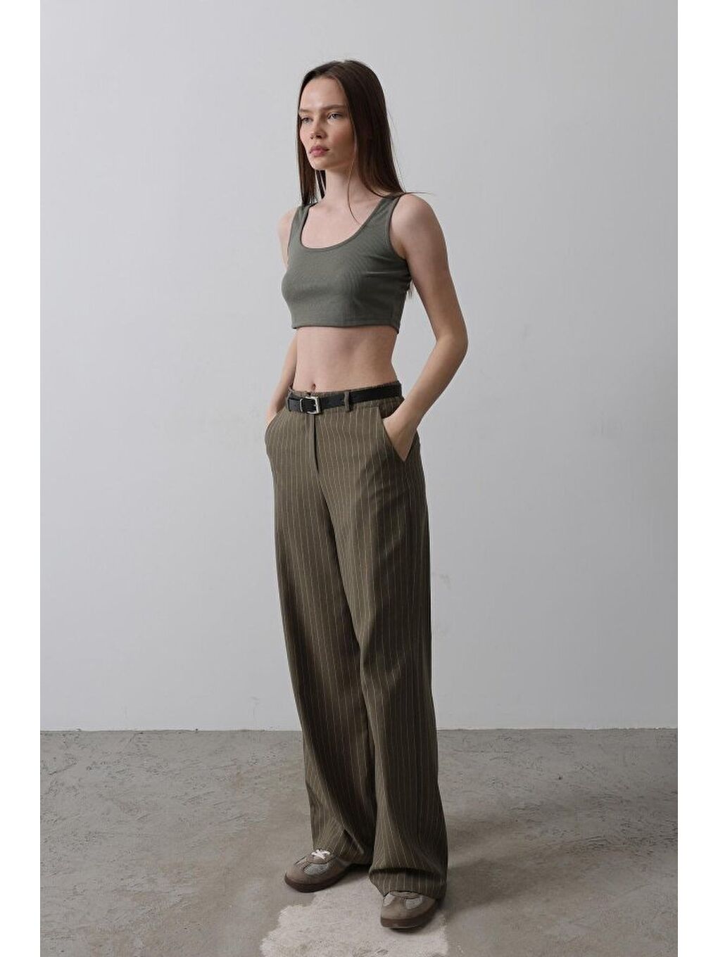 Kemerli Palazzo Pantolon - Haki-Beyaz-1