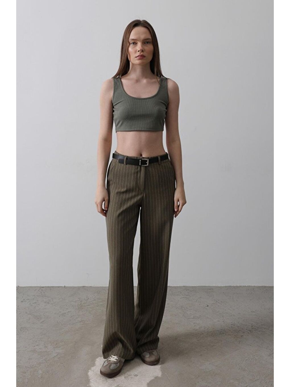 Kemerli Palazzo Pantolon - Haki-Beyaz-2