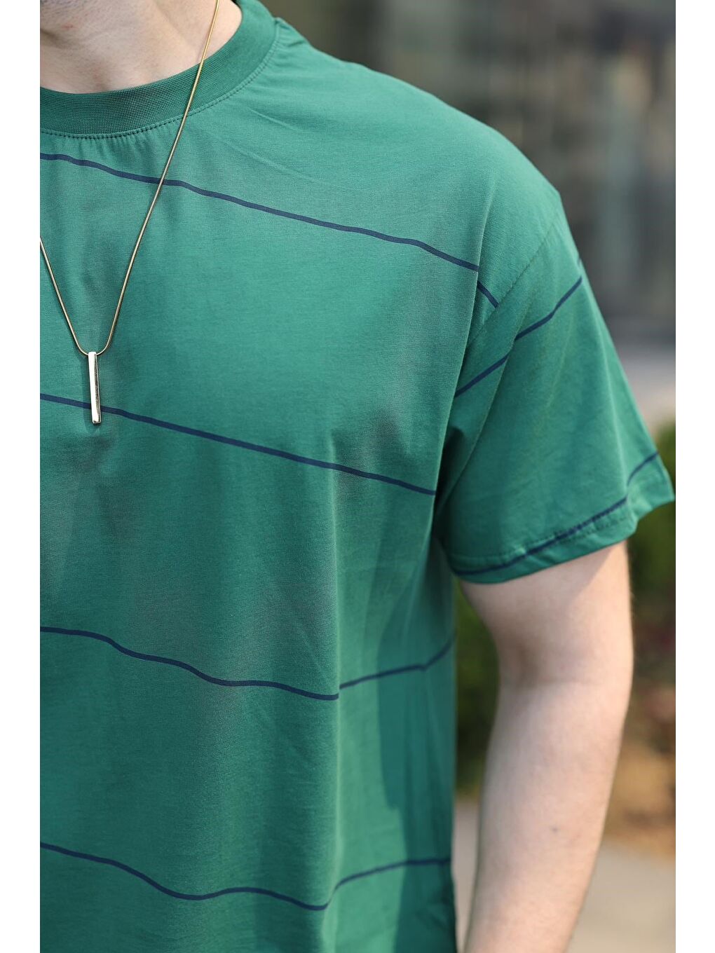 Koyu Yeşil Bisiklet Yaka Basic Çizgili Erkek T-Shirt E7102-2