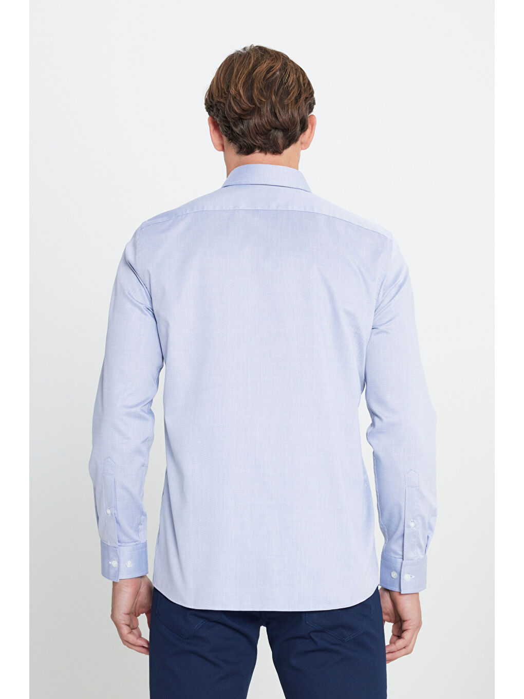 Erkek Açık Mavi %100 Pamuk Dar Kesim Armürlü Gömlek-5