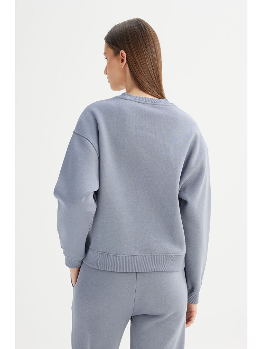 Yeşil Relaxed Fit Geniş Kesim Bisiklet Yaka İçi Polarlı Mavi Sweatshirt-5