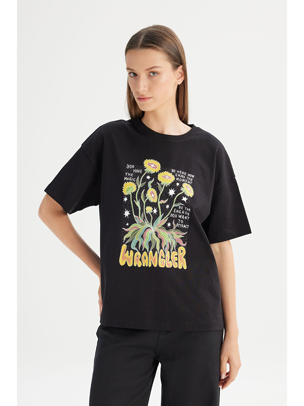 Siyah %100 Pamuk Loose Fit Rahat Kesim Bisiklet Yaka Tişört-2