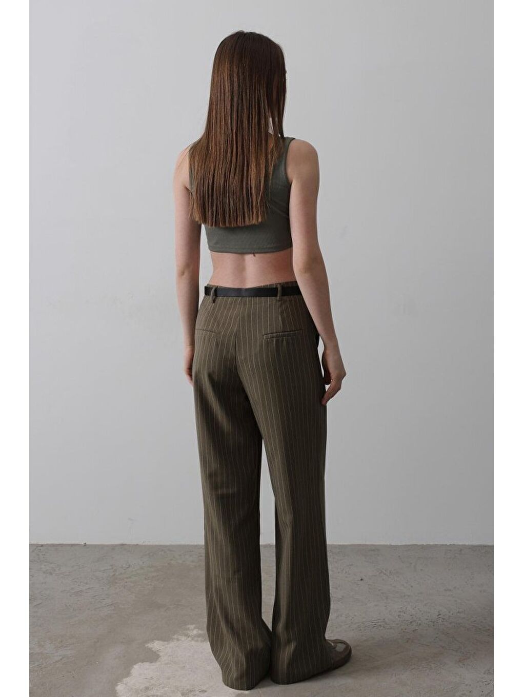 Kemerli Palazzo Pantolon - Haki-Beyaz-3