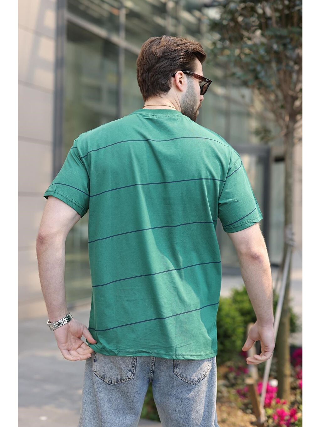 Koyu Yeşil Bisiklet Yaka Basic Çizgili Erkek T-Shirt E7102-3