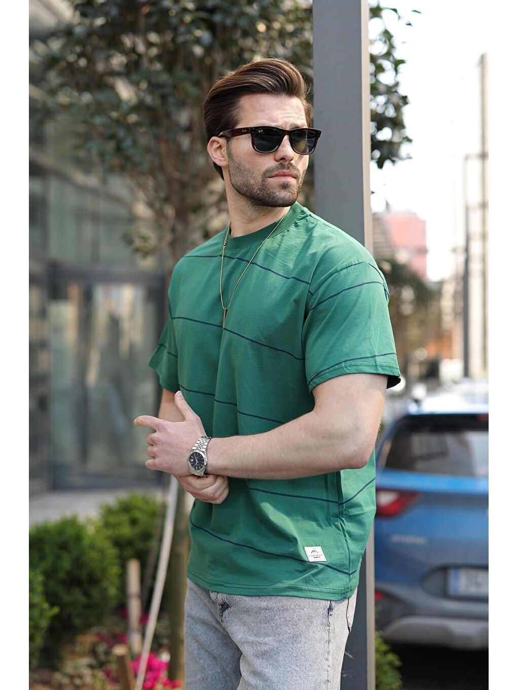 Koyu Yeşil Bisiklet Yaka Basic Çizgili Erkek T-Shirt E7102-4