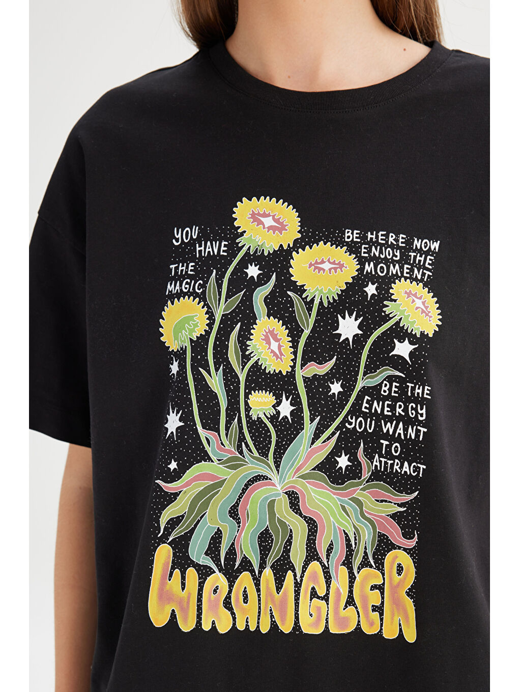 Siyah %100 Pamuk Loose Fit Rahat Kesim Bisiklet Yaka Tişört-3