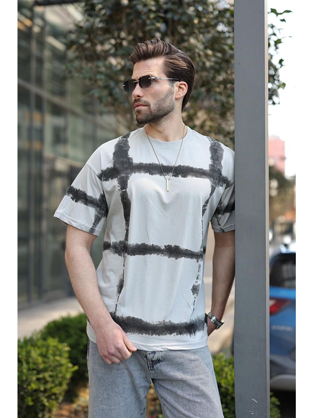 Boyalı Gri Bisiklet Yaka Baskılı Basic Erkek T-Shirt E7109