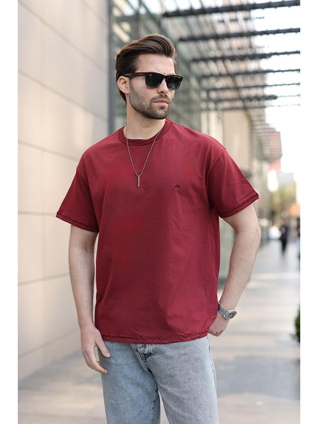 Bordo Nakış Detaylı Erkek T-Shirt E7112