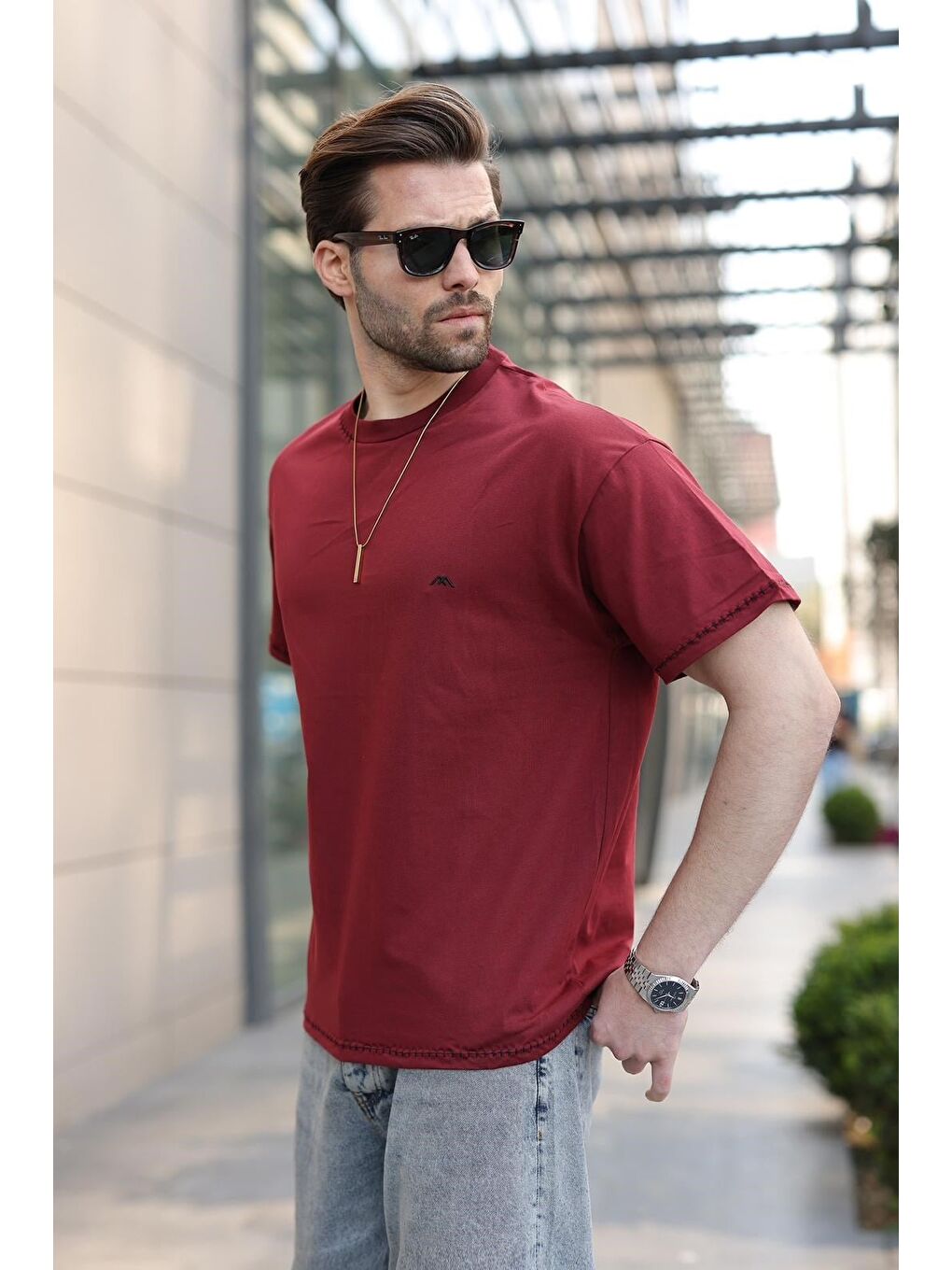 Bordo Nakış Detaylı Erkek T-Shirt E7112-1