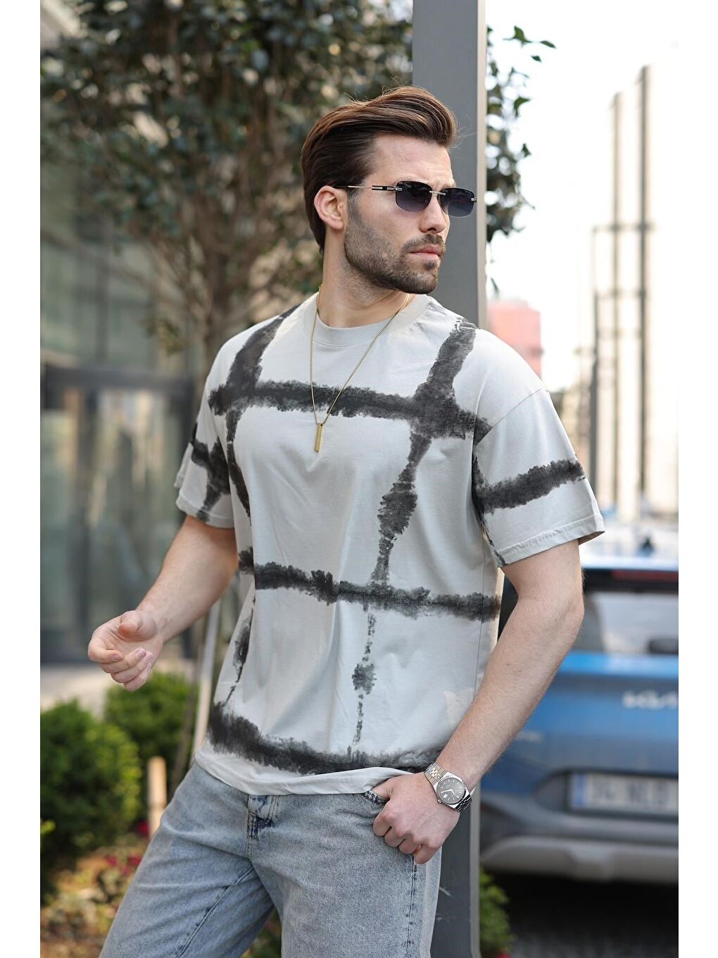 Boyalı Gri Bisiklet Yaka Baskılı Basic Erkek T-Shirt E7109-1