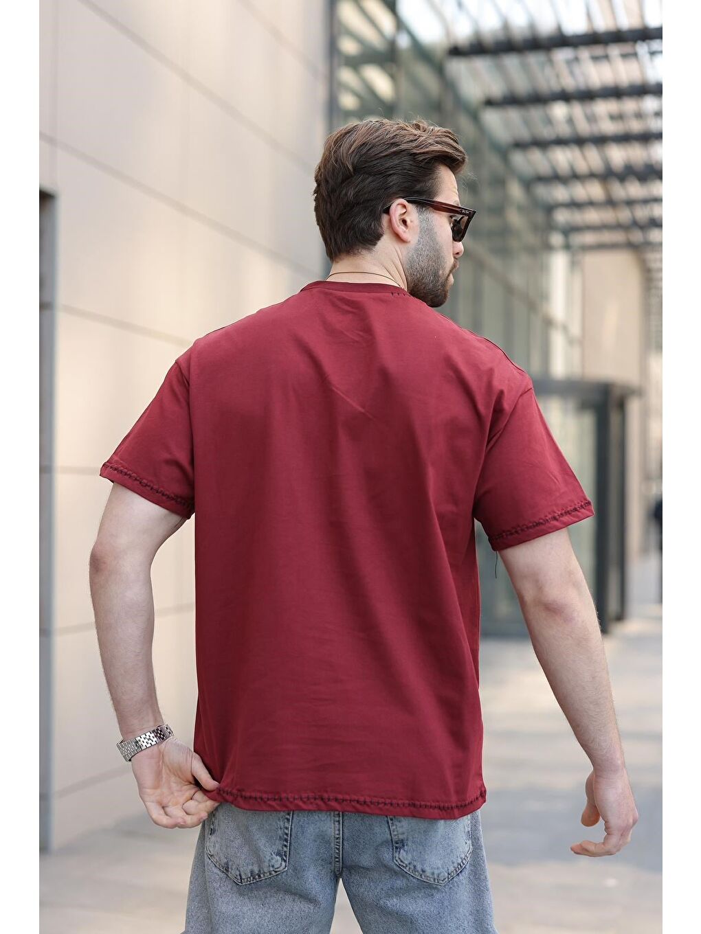 Bordo Nakış Detaylı Erkek T-Shirt E7112-3