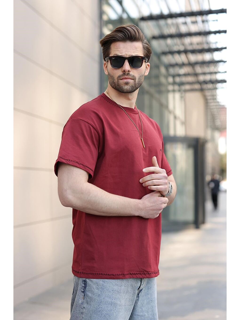 Bordo Nakış Detaylı Erkek T-Shirt E7112-4