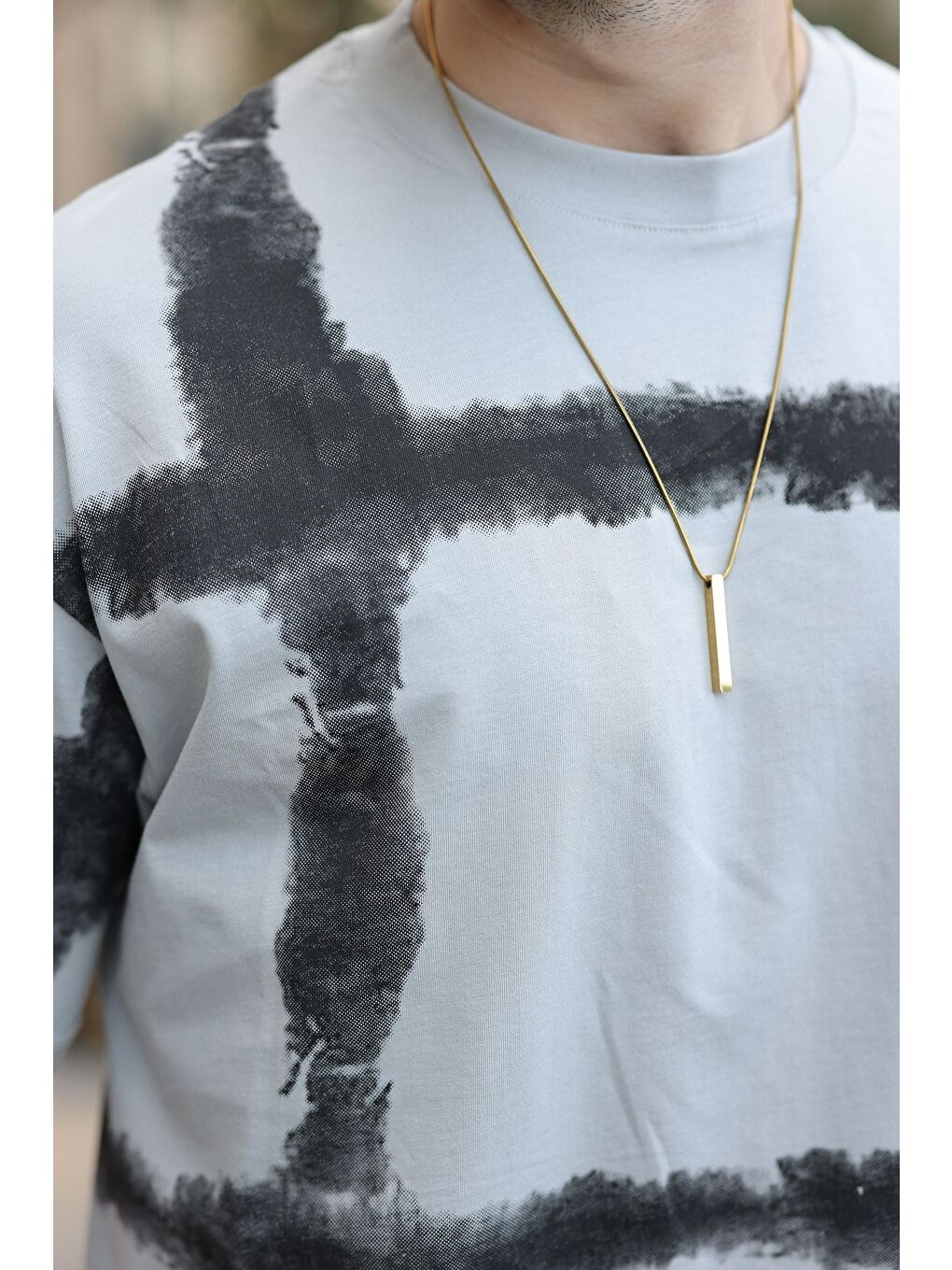 Boyalı Gri Bisiklet Yaka Baskılı Basic Erkek T-Shirt E7109-2